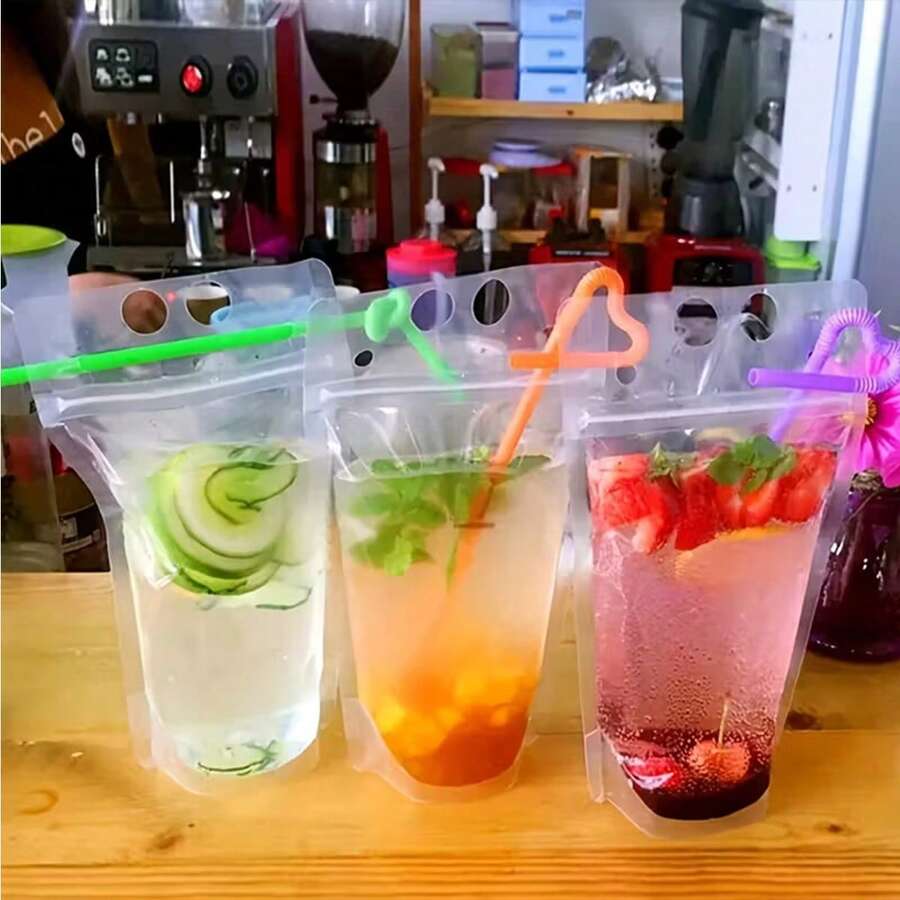 50/100pc Portable Transparent Juice Bag And Beverage Bag, Disposable Creative Leak-Proof Zipper Bag, Takeout Ice Cream Bag Packing Bag, Suitable For Juice, Milk, Beverages, Cola, Parties And Festivals - 透明 - 查看 1