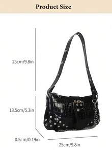 Vintage Punk Studded Underarm Bag For Women, Crocodile-Embossed PU Leather Purse With Metal Chain Decor - Solid Color Rivet Chain Shoulder Bag For Handheld & Shoulder Carry, Hot Girls Clutch Evening Bag Banquet Square Handbag & Satchel Purse For Wedding Party Prom, Women's Chain Decor Underarm Bag Casual Phone Coin Bags,Fashionable Niche Design, Steampunk, Goth,Bag For Women, Cool Girls Street Wear,Perfect For Music Festival, Concert, Rock Style Bag For Women For Evening Events, Concerts, Dates, Holds Phone, Lipstick, Keys In Edgy Gothic Style[US Local Warehouse] - 彩色 - 查看 10