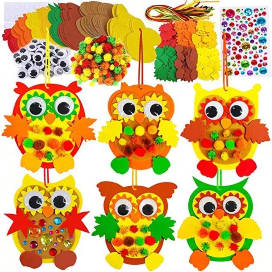 6-Piece Owl Autumn Craft Kit: Halloween/Thanksgiving/Christmas DIY Foam Sticker Set, Handmade & Holiday Decoration (1 Trial Pack, Color Randomly Assorted) #CraftKit #HolidayDecoration #AutumnCraft #FoamStickerKit
