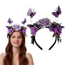 Purple Rose Flower Butterfly Headband Crown Headpiece Day Of The Dead Halloween Wedding Party Hair Hoop For Women Fairy Accessories Supplies