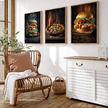 Set de 3 carteles de lienzo creativos sin marco, pintura de hamburguesa y pizza, pintura de lienzo, obra de arte de pared, adecuada para decoración del hogar, decoración de habitación, decoración de dormitorio, decoración de sala de estar, decoración de cocina, decoración de pared, arte de pared opcional con marco