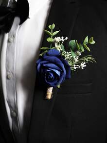 6pcs/1pc Princess Rose Flower With White Baby's Breath And Faux Green Plants, Romantic Boutonniere For Weddings, Parties, Daily Wear Valentine's Day Accessories - Navy Blue - View 6
