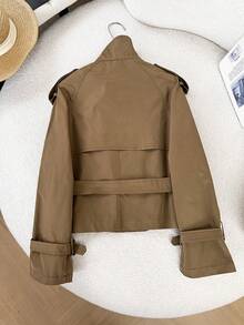 FGGG Double-Breasted Shoulder Strap Women's Brown Short Trench Coat Autumn Winter Belted Waist British Commuter Style Office Party And Streetwear Women's Jacket