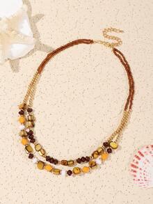 BOCAR 1pc Bohemian Natural Stone & Shell Double Layered Necklace - multi-layered necklace - View 13