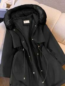 女士冬季休闲通勤中长款收腰加厚兔毛内衬外套，圣诞节，外出外套 - 黑色 - 查看 5