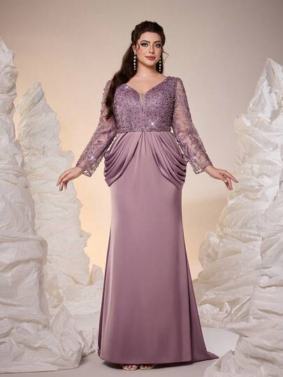 Anpoket,New Arrival,V-Neck, Embroidered Lace, Long Sleeves, Bubble Beads, Starlight Satin Hem, Bodycon, Train Tail, High-End Evening Dress,Party Dress,Wedding Guest Dress, Evening Dress