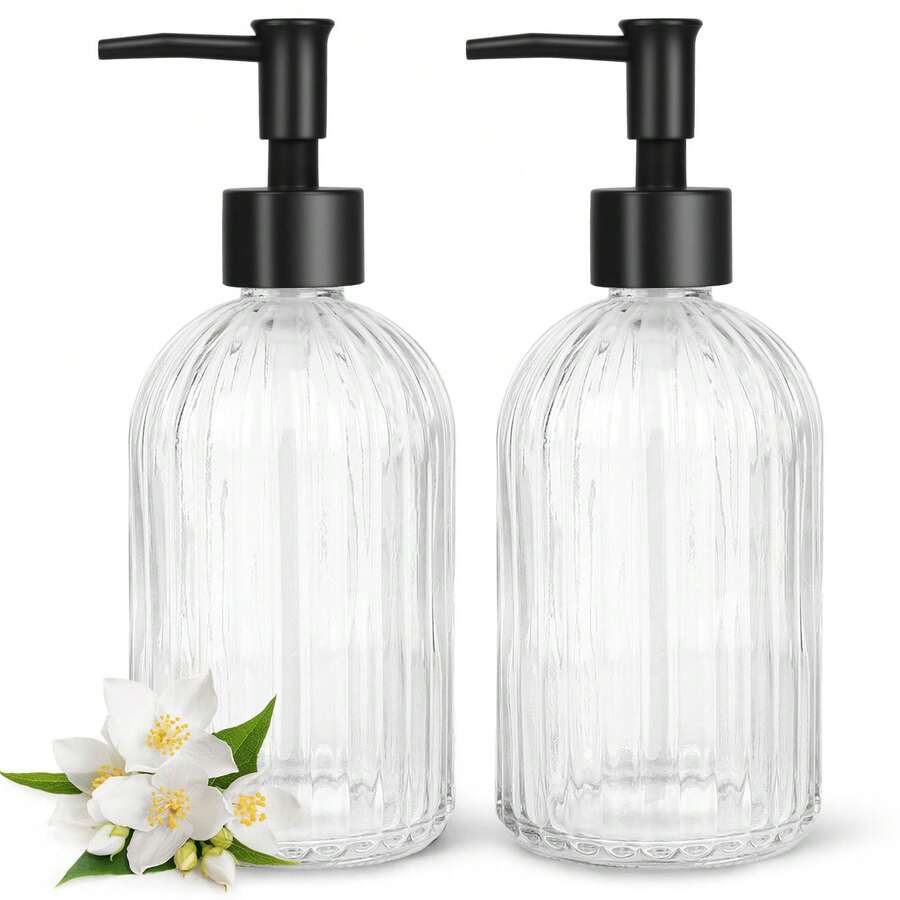 2-Pack Glass Soap Dispenser - 400ml UV Protection Refillable Bottles With Black Rust-Proof Pump For Hand Soap, Lotion, Oil, Kitchen & Bathroom Essentials - trong suốt - Xem 1