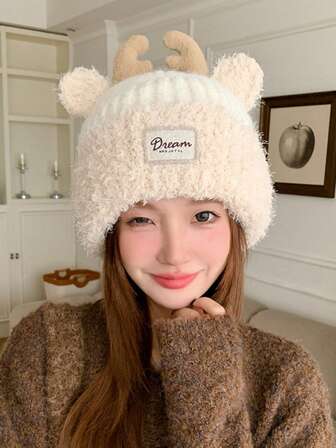 1顶圣诞驯鹿角帽，保暖内衬护耳针织帽，适合秋冬季佩戴