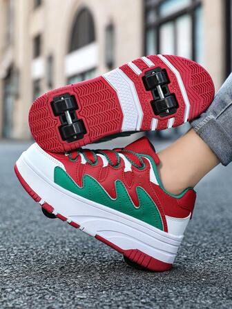 Boys, Girls & Teens' Simple Lace-Up Roller Skates, Small 4-Wheel Roller Sports Casual Shoes, Detachable, Walkable Leisure Sports Shoes, Christmas Series