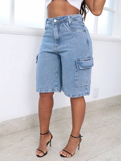 Bermuda Cargo Bolso chapado Jeans Feminino