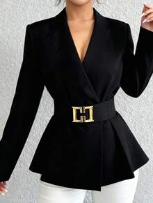 Women's Fashionable Short Black Blazer Jacket, Long Sleeve, Ruffle Hem And Wrap Design, Made Of Slightly Stretchy Polyester Fabric