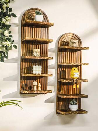 1pc Wooden Boho Wave Pattern Wall Shelf, Floating Shelves, Aromatherapy Candle Holder, Wall Decor Rack, Hanging Bookshelf For Living Room Storage