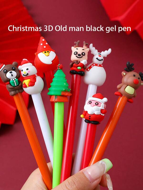 8pcs Christmas 3D Santa Claus, Snowman, Reindeer Neutral Pens, Black Ink, Random Style Christmas Small Gift Prizes