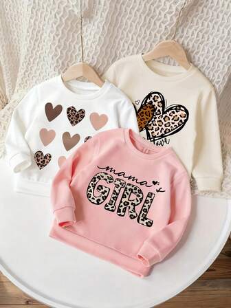 3pcs/Set Baby Girls Casual Printed Crew Neck Pullover Sweatshirts, Autumn/Winter - Adorable Hooded Sweatshirts Bring Joy And Happiness To Every Child! Leopard Print & Heart Print