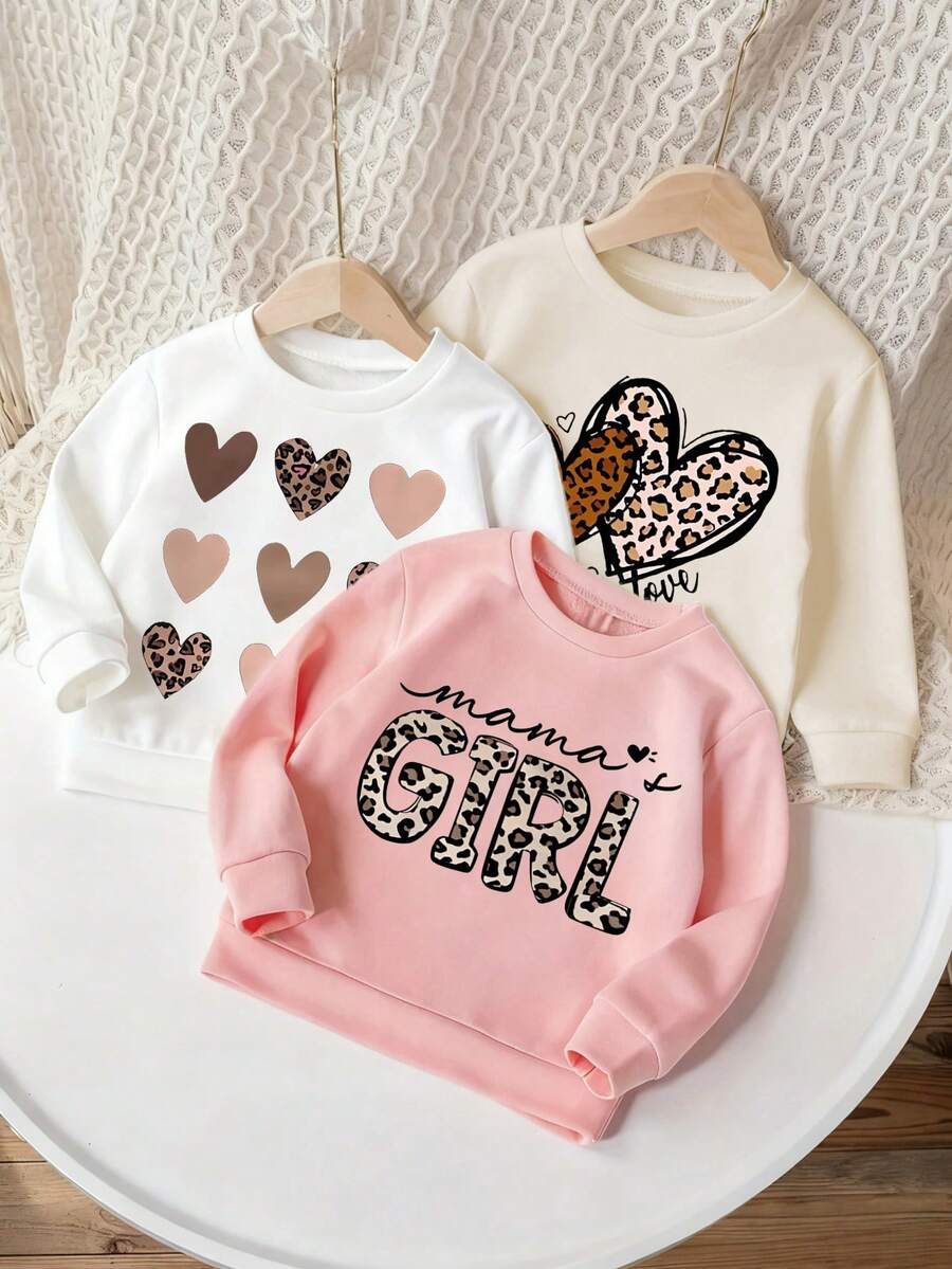 3件套女婴休闲印花圆领套头衫，秋冬款 - 可爱的连帽衫为每个孩子带来欢乐和幸福！豹纹和心形印花 - 杏色 - 查看 1