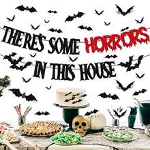 26 PCS There's Some Horrors In This House Decorations Halloween Banner Bats Wall Decor Horrible Theme For Boy Girl Party Supplies Black And Red Glitter