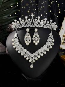 1set Elegant Rhinestone Tiaras Crown For Women Queen Crown Jewelry Set Necklace Earring Princess Wedding Birthday Prom Pageant Party Ceremony Photo Props