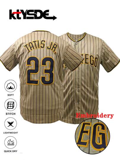 KTYSDE Men's #23 Brown Striped Baseball Jersey, Loose Fit V-Neck Short Sleeve Button-Down Sportswear With San Diego English Letter Embroidery, Suitable For Casual Daily Wear, Streetwear, Baseball, Golf Training, Fan Gift, Unisex