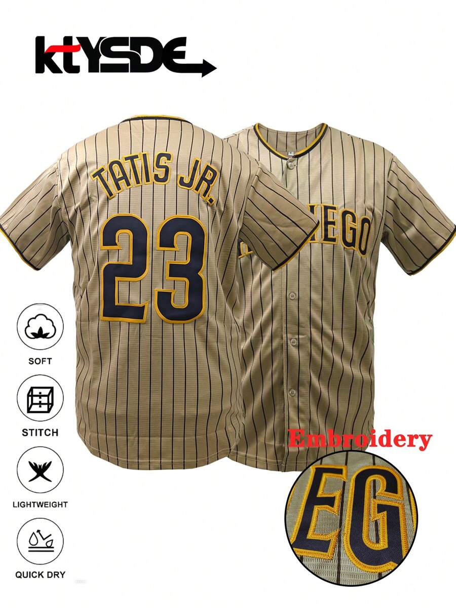 KTYSDE Men's #23 Brown Striped Baseball Jersey, Loose Fit V-Neck Short Sleeve Button-Down Sportswear With San Diego English Letter Embroidery, Suitable For Casual Daily Wear, Streetwear, Baseball, Golf Training, Fan Gift, Unisex