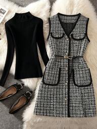 This Elegant Sleeveless Jacket Features A Houndstooth Pattern, Designed Specifically For Women. With A Belt And Front Button Closure, It Is An Ideal Choice For Parties, Holidays, Casual Outings, And Vacations.