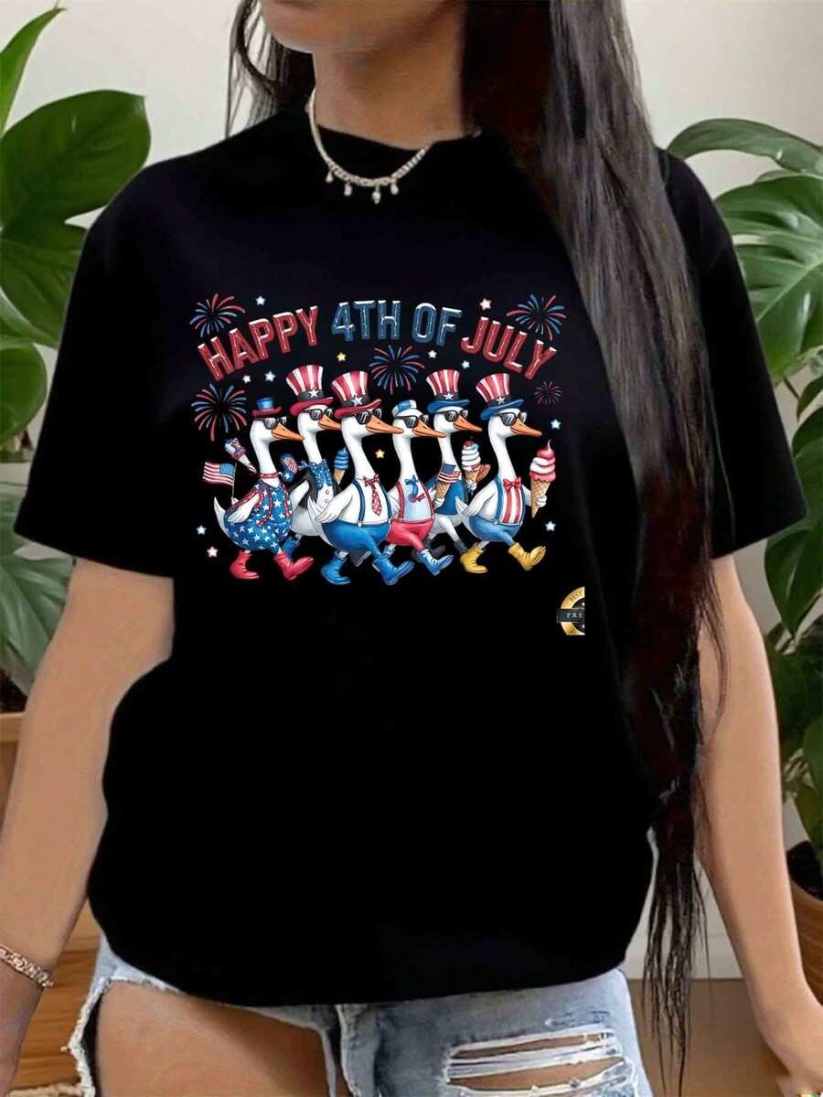 Happy 4th Of July Duck Parade Patriotic T-Shirt For Women Men Unisex Independence Day Celebration USA Flag Fireworks Design  Tee,220g - màu đen - Xem 1
