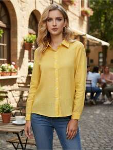 Women's Cotton Linen Blouse Long Sleeves Plus Size - Yellow - View 2
