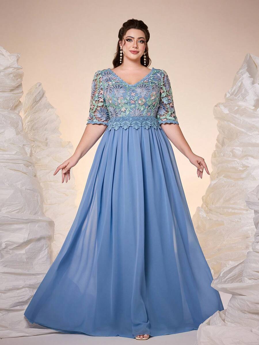 Plus Anpoket，新款V领撞色刺绣中袖雪纺晚礼服，适合舞会、婚礼、派对、婚礼宾客、晚宴、情人节等场合。 - 藍色 - 查看 1