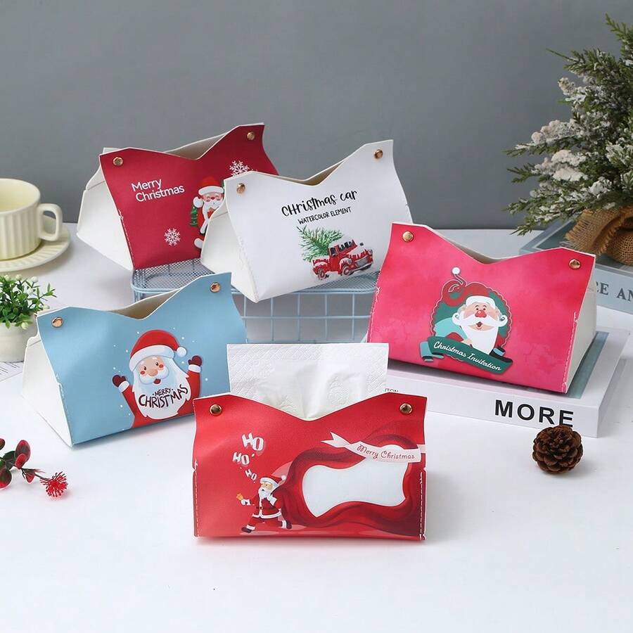 Caja de pañuelos con impresión de pintura al óleo navideña, caja de pañuelos de Papá Noel, soporte creativo para pañuelos de decoración del hogar - Multicolor - Ver 1