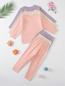 6pcs/Set Girls Thermal Lined Long Sleeve Top And Pants Pajama Set, Solid Color Children Underwear, Autumn/Winter - Multicolor - View 2