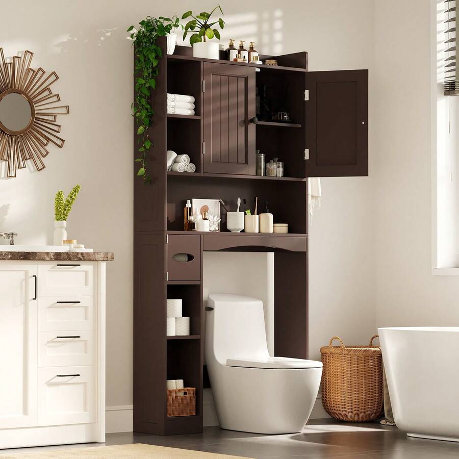 Asofer 66'' Large Capacity Over The Toilet Storage Cabinet, Bathroom Storage Organizer With Tissue Holder And Racks, Adjustable Shelf, Anti-Tipping Device, For Bathroom,Laundry - 棕色 - 查看 1