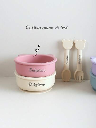 3 قطع طقم أطباق سيليكون مع شفاطات للأطفال بتصميم الدب، يشمل ملعقة وشوكة على شكل الدب، طقم أدوات طعام مانعة للانزلاق للأطفال للاستخدام المنزلي ورياض الأطفال