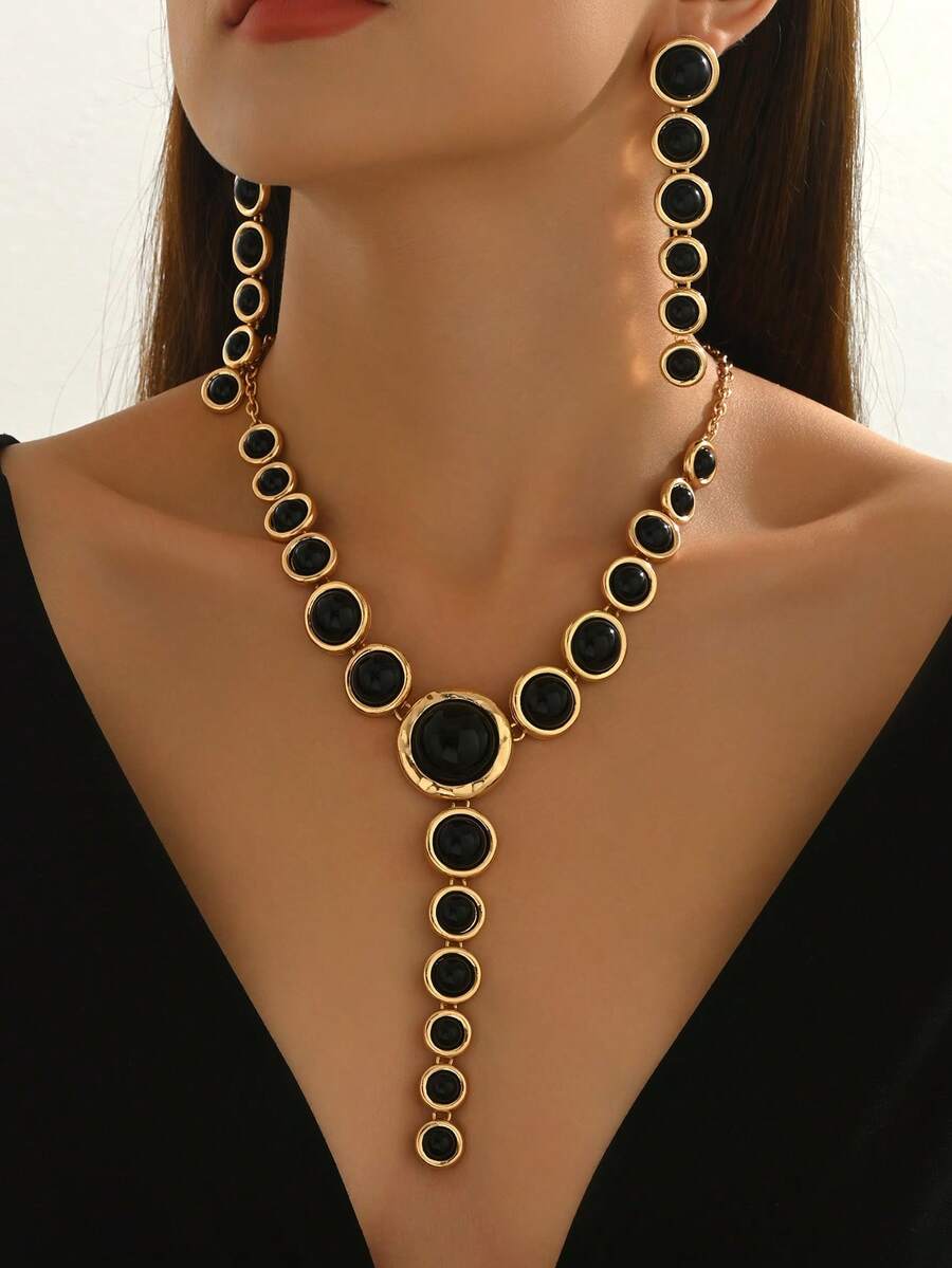 2 件/套时尚几何圆形光滑金属镶嵌黑色椭圆形亚克力夸张超长吊坠项链和耳环套装，金属项链，蛇骨链 Y 形项链，吊坠项链，派对首饰套装，礼服配饰首饰套装