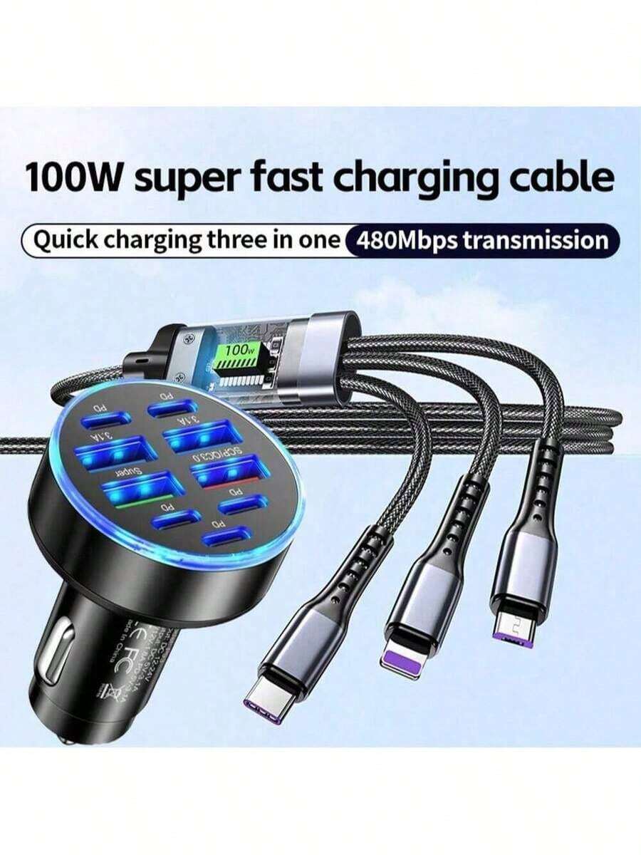 ¡Mejora tu método de carga! Este set de 9 cargadores para coche incluye un cable de carga rápida 3 en 1 (USB a Tipo-C + Lightning + Micro USB), compatible con todos los dispositivos Apple, ¡para que nunca te quedes sin batería! - Cargador de coche * 1 + cable de datos 3 en 1 * 1 - Ver 1