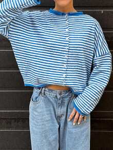 Womens Striped Cardigan Sweater Casual Crew Neck Open Front Button Down Long Sleeve Knit Sweaters Fall Outerwear - 藍色 - 查看 4