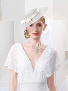 1pc Oversized Pill Box Hat, Wide Brim Hat, Women's Headpiece, Elegant Kentucky Derby Fascinator With Bow, Party Dress Soft Felt Hat, Cocktail Hat, Bridal Wedding Cowgirl Hat, Women's Tea Party Hat, Halloween Hat, Hair Accessory, Gift, Evening - Beige - View 13