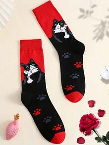 1 Pair Cat Pattern Mid-Calf Socks For Women, Elegant & Cute, Casual & Versatile, Suitable For School, Parties