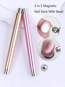 1支升级版猫眼美甲凝胶，带玻璃珠磁铁，粉色/银色/绿色/玫瑰金猫眼磁性指甲油，配有双头磁棒，磁吸力强，多功能美甲设计工具