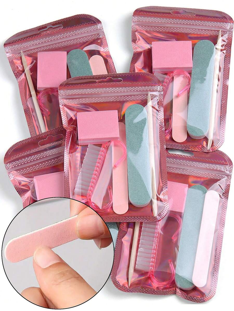 Bộ dụng cụ làm móng tay và móng chân mini màu hồng, bao gồm dũa móng, dũa móng hai mặt, cọ vẽ móng acrylic và que đánh bóng móng bằng gỗ - Bộ dụng cụ chăm sóc móng chuyên nghiệp tự làm tại nhà - Nhiều màu - Xem 1