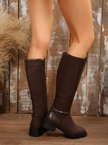 Women's Flat V-Cut Elastic High Tube Boots, Autumn/Winter New Square Toe Slim Soft Material Tall Boots - Coffee Brown - View 6