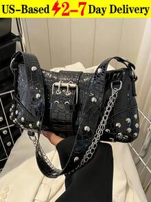Vintage Punk Studded Underarm Bag For Women, Crocodile-Embossed PU Leather Purse With Metal Chain Decor - Solid Color Rivet Chain Shoulder Bag For Handheld & Shoulder Carry, Hot Girls Clutch Evening Bag Banquet Square Handbag & Satchel Purse For Wedding Party Prom, Women's Chain Decor Underarm Bag Casual Phone Coin Bags,Fashionable Niche Design, Steampunk, Goth,Bag For Women, Cool Girls Street Wear,Perfect For Music Festival, Concert, Rock Style Bag For Women For Evening Events, Concerts, Dates, Holds Phone, Lipstick, Keys In Edgy Gothic Style[US Local Warehouse] - 彩色 - 查看 1