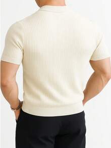 Men's Ribbed Cotton Polo Shirt With V-Neck – Sophisticated Style And Perfect Fit - Màu be - Xem 2