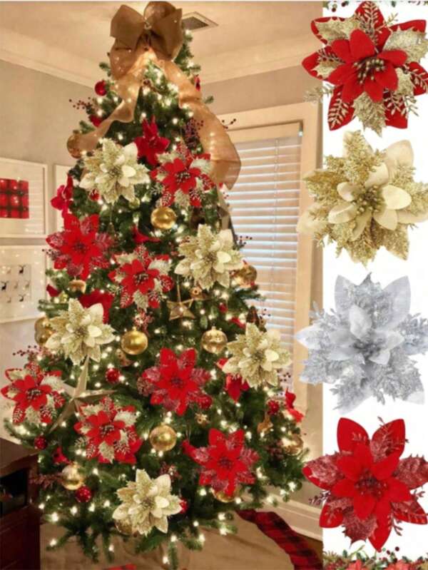 Christmas Tree Decorations Glitter Flowers - Sparkling Artificial Poinsettia Blooms For Holiday Home Party Decor. Features Rich Red Velvety Petals With Shimmering Glitter, Lifelike Layered Texture, Available In 1pc/5pcs/10pcs Sets, Lightweight, Durable For Long-Lasting Use, Adds Festive Spirit To Mantels, Wreaths, Or Trees.