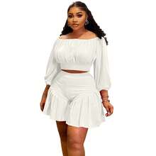 Plus Size Women's Ruffled One-Shoulder Puff Sleeve Top & Shorts 2-Piece Set - Sweetheart Neckline Waist-Defining Casual Outfit Date, Vacation & Party,Plus Size Fall Clothes Women,Plus Size Women Clothes,Seven Colors Are Available Selection.Please Check Size Chart Before Purchasing. - 乳白 - 查看 6
