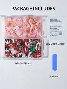 96pcs (4mixed ) Short Oval Cute Candy Cane Gingerbread Man French Tips Press On Nails ,Contain 1pc Jelly Glue And 1pc Nail File,Christmas Nails,With Storage Box As For Suitable For Women And Girls Daily Life And Party Use