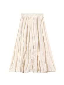 女式优雅纯色纹理松紧腰褶皱长裙 - 杏色 - 查看 3