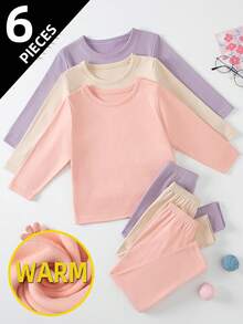 6pcs/Set Girls Thermal Lined Long Sleeve Top And Pants Pajama Set, Solid Color Children Underwear, Autumn/Winter - Multicolor - View 1