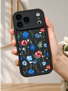 1PC ブラック地にブルーとレッドの水彩風花が描かれたスマホケース ナチュラルで洗練されたボタニカルデザイン 鏡頭完全保護、衝撃吸収・傷防止機能付き 対応機種：iPhone17/16/15/14/13/12/11PLUS/PRO/PROMAX - ブラック - チェックする 3