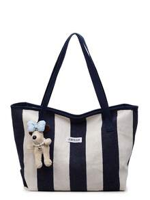 1 pieza Bolso de hombro a rayas para mujer, bolso de tela de gran capacidad con colgante de peluche de dibujos animados, adecuado para ir al trabajo, compras y uso en el campus - Azul - Ver 7
