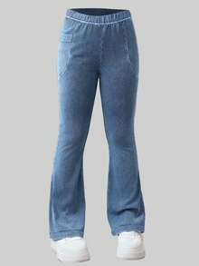 1pc Girls Casual Slim Fit Knit Jegging Pants, Fashionable & Versatile For Outdoor, Spring/Autumn - Blue - View 6