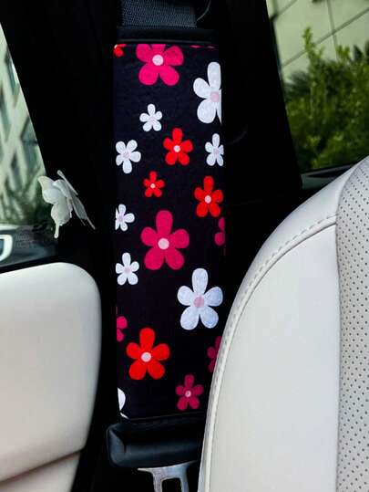 Ensemble de trois pièces d'accessoires de voiture : housse de volant à fleurs rouges, blanches et brodées, housse de sangle d'épaule de ceinture de sécurité féminine (classique).